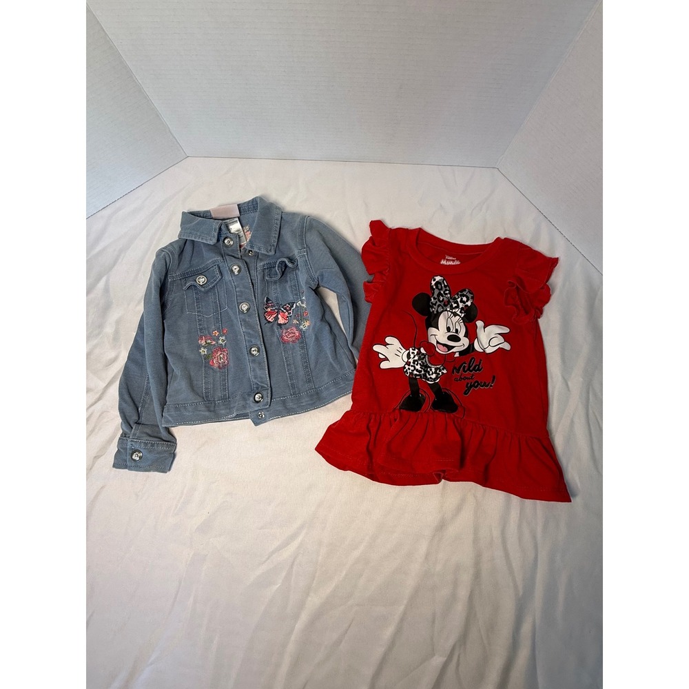 Little Lass Disney Minnie Mouse 2T Denim Jacket & Ruffle Sleeve Shirt Set